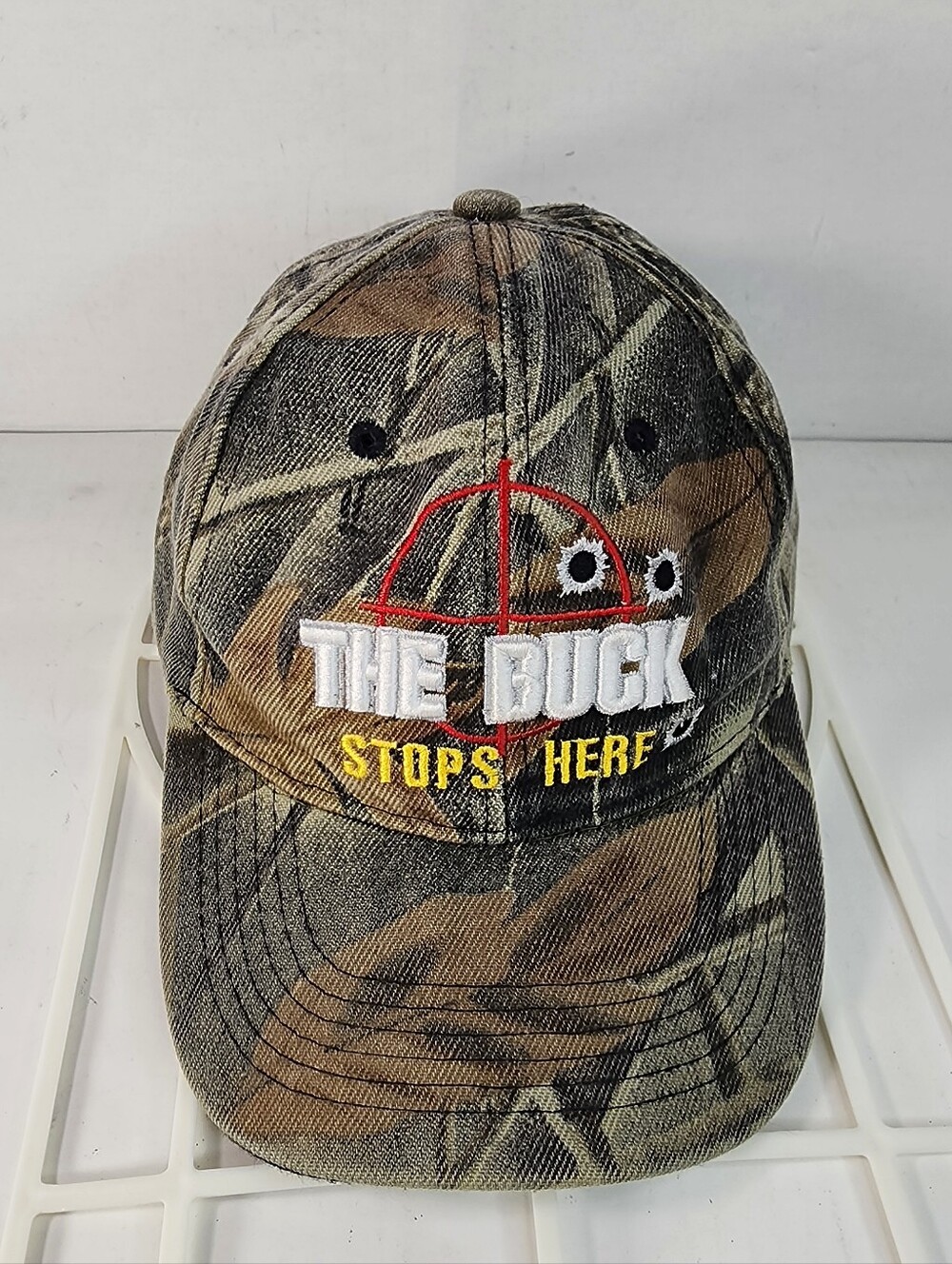 Woodland Camo Strap-Back Ball Cap  "The Buck Stops Here"  Outdoors, Hunting .